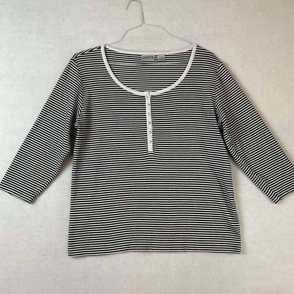 Chicos Womens Size 3 Large Black‎ White Striped Ribbed Henley 3/4 Sleeve Top